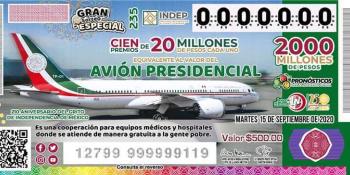 Entrega de premios de la rifa del avión presidencial será en oficinas centrales, informa Lotería Nacional