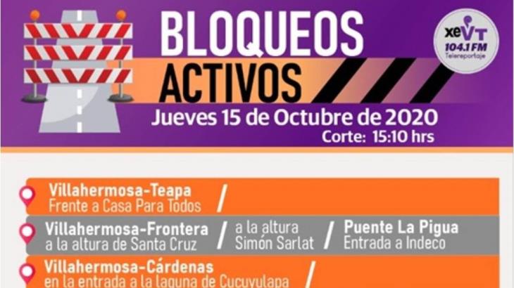 ACTUALIZACIÓN: Así los bloqueos en Tabasco con corte a las 15:10 horas ACTUALIZACIÓN: Así los bloqueos en Tabasco con corte a las 15:10 horas