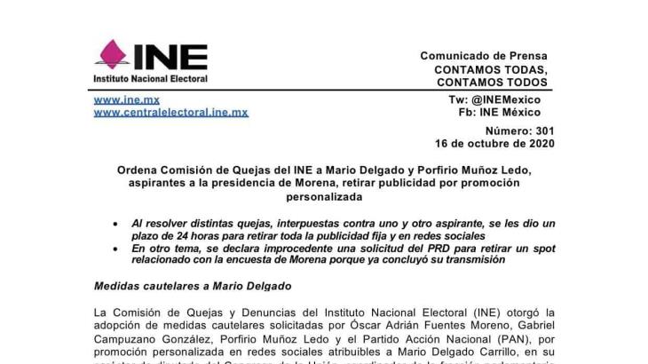 Ordena INE a Delgado y Muñoz Ledo retirar propaganda por renovación de la dirigencia de Morena Ordena INE a Delgado y Muñoz Ledo retirar propaganda por renovación de la dirigencia de Morena
