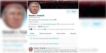 Bloquea Twitter video de Trump en el que insta a sus seguidores a terminar con las protestas en el Capitolio 