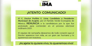 Reportan como desaparecido al candidato a la alcaldía de Acajete, Puebla, Porfirio Lima