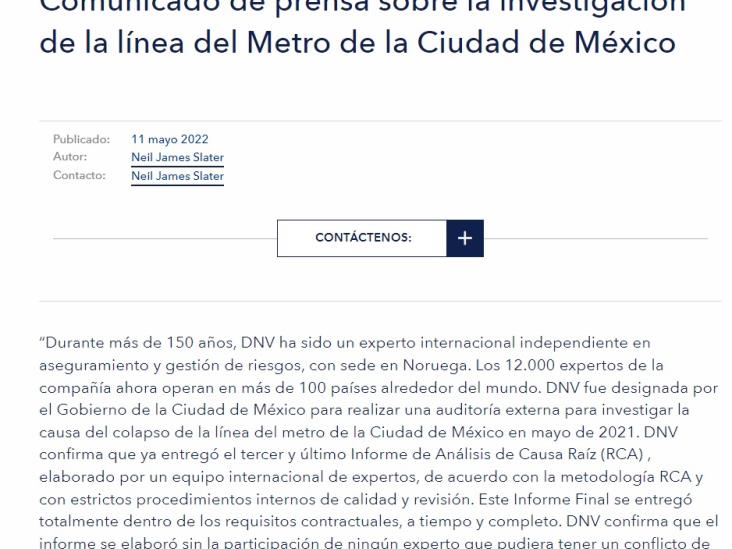Rechaza DNV conflicto de interés en tercer informe sobre la L12 del Metro Rechaza DNV conflicto de interés en tercer informe sobre la L12 del Metro